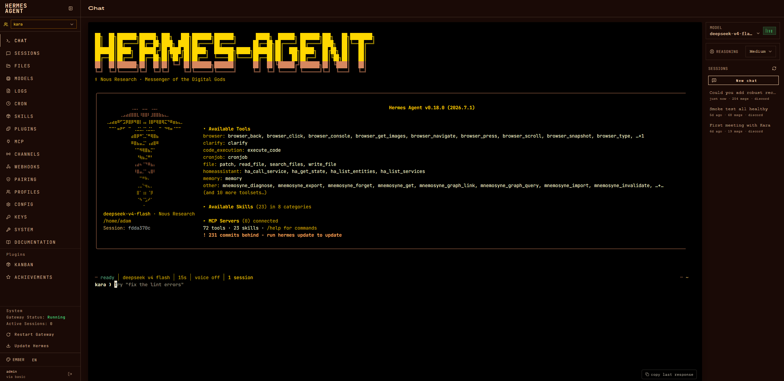 Screenshot of the Hermes Agent Dashboard
